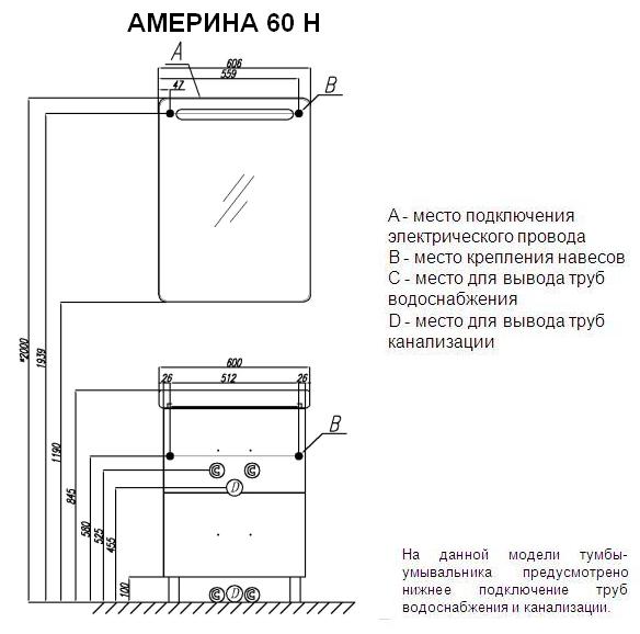 Тумба с раковиной "Америна 60Н" с двумя ящиками