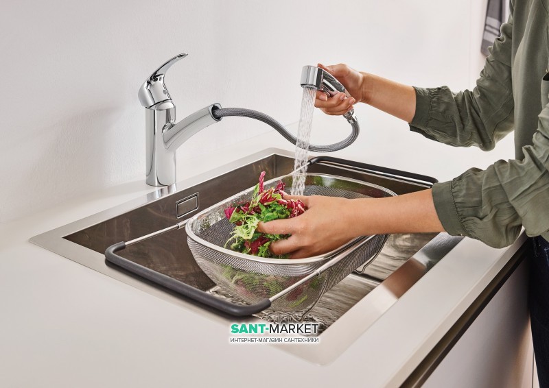 Смеситель для кухни GROHE Eurosmart с выдвижным изливом, низкий излив, хром