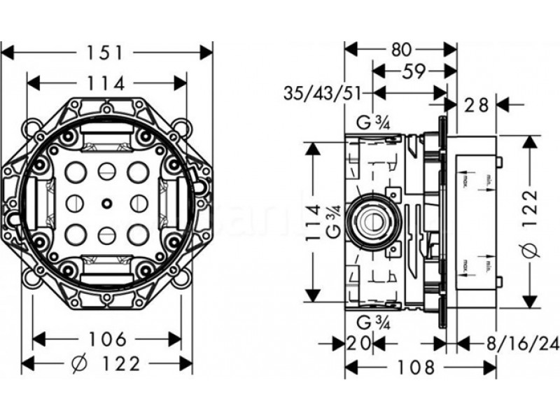 Универсальная скрытая часть Hansgrohe iBox universal ½’/¾’ арт. 01800180                                                                                             