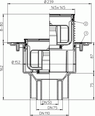 Трап HL3100 Klik-Klak с решёткой 138х138 мм в подрамнике 145*145 мм, с верт. выпуском